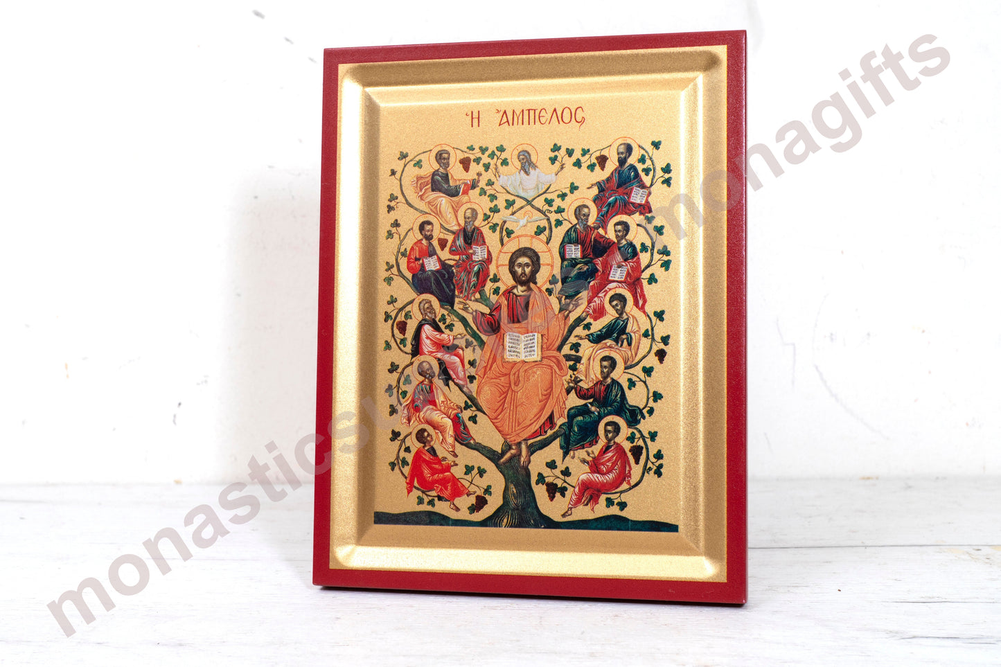 Jesus with Apostles on the vine of Ampelos Icon on Golden Silk Canvas