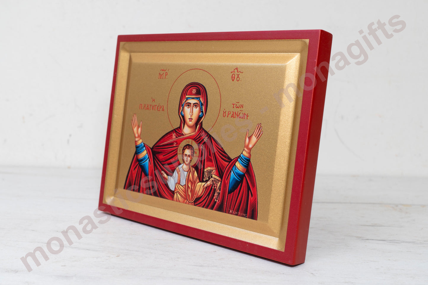 Virgin Mary – Platytera of the Heavens Icon Handmade on Golden Silk Canvas.