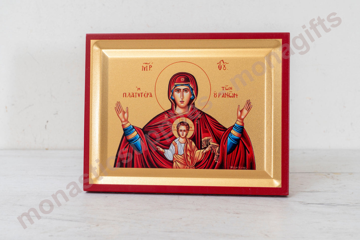 Virgin Mary – Platytera of the Heavens Icon Handmade on Golden Silk Canvas.