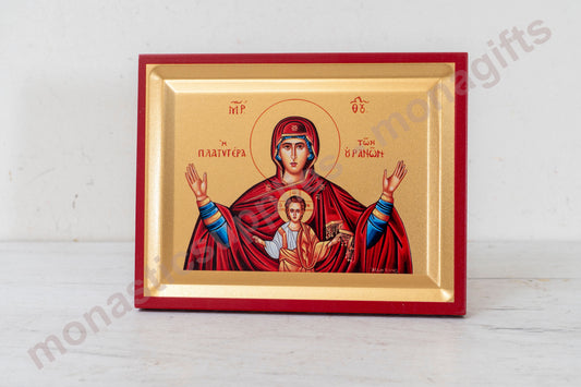 Virgin Mary – Platytera of the Heavens Icon Handmade on Golden Silk Canvas.