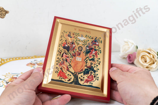 Jesus with Apostles on the vine of Ampelos Icon on Golden Silk Canvas