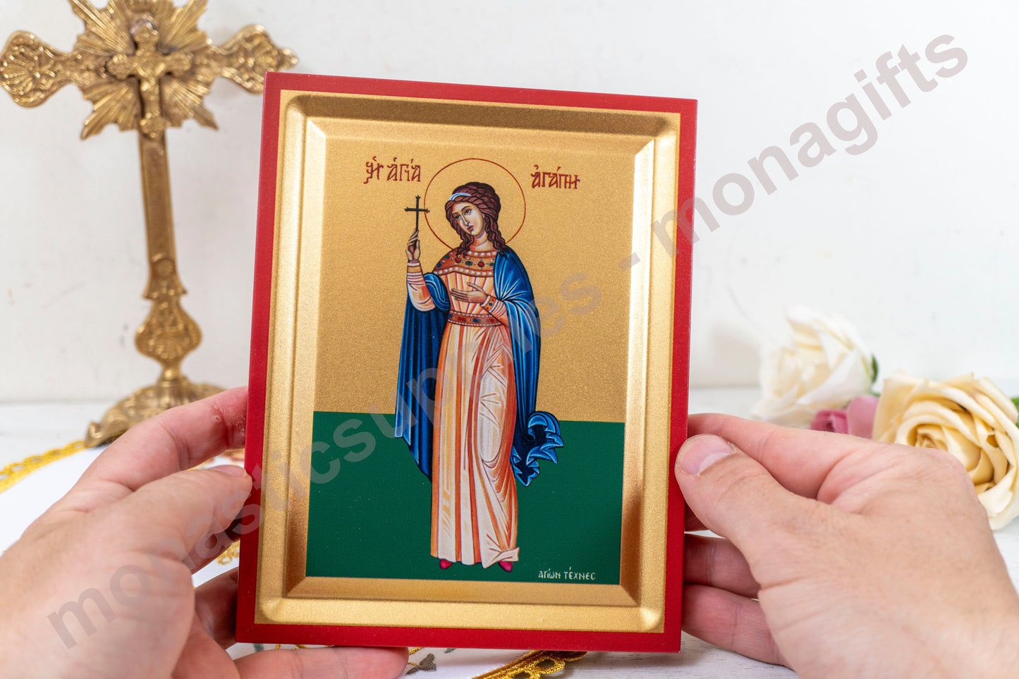 Saint Agaph - St Love Orthodox Icon Handmade on Silk Canvas, Stunning Detail