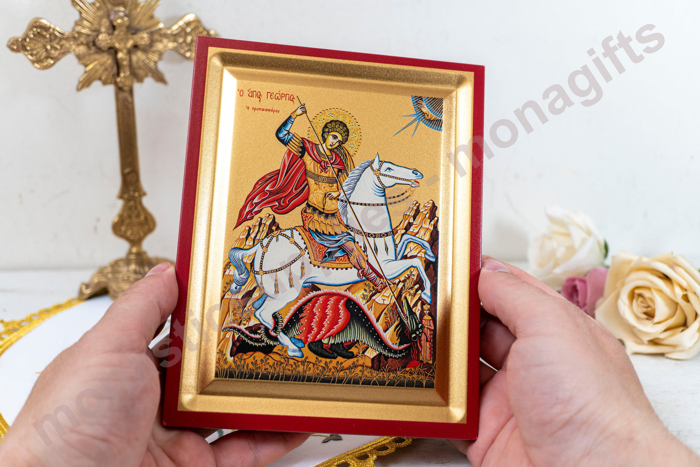 Saint George Αγιος Γεωργιος Orthodox Icon Handmade onSilk Canvas,Stunning Detail