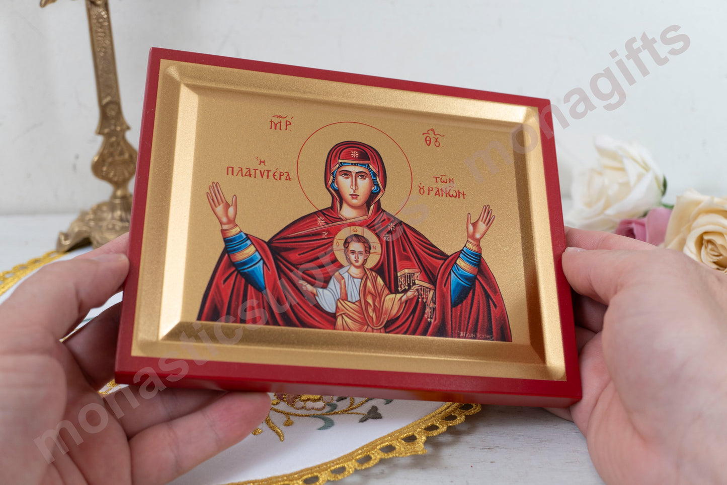 Virgin Mary – Platytera of the Heavens Icon Handmade on Golden Silk Canvas.