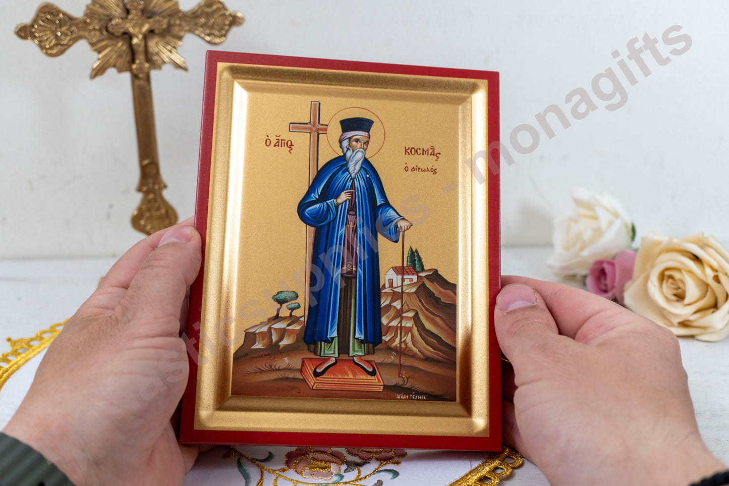 Saint Cosmas Αγιος Κοσμας Orthodox Icon Handmade on Silk Canvas,Stunning Detail