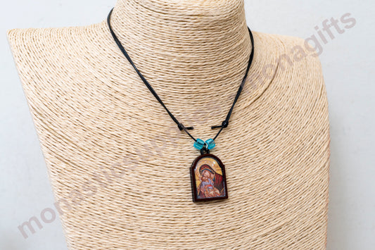 Leather Necklace with Wooden Virgin Mary Icon – with prayer - Resin Protect
