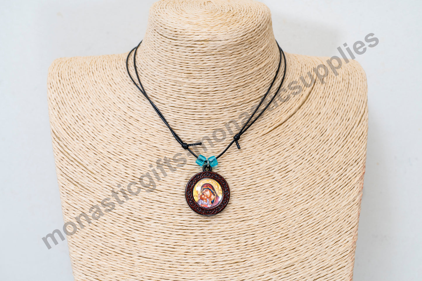 Leather Necklace with Wooden Virgin Mary Icon – ICXC NIKA Symbol – Resin Protect
