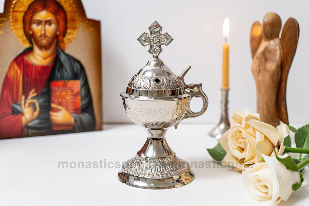 Standing solid brass incense burner censer nickel plated silver tone with Orthodox cross 14cm 5.5 inch