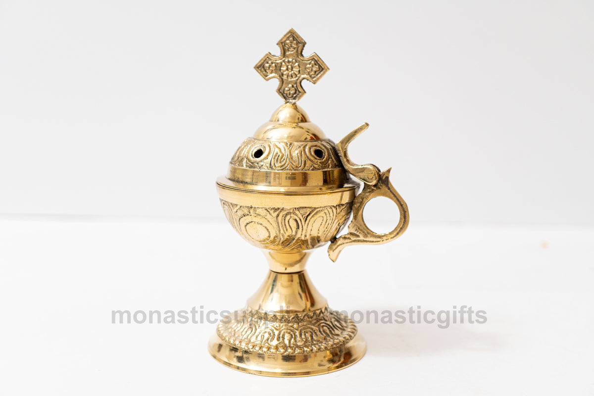 Standing solid brass incense burner censer golden brass finish with Orthodox cross 14cm 5.5 inch