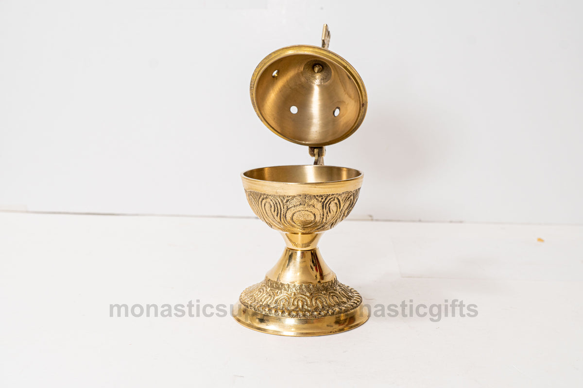 Standing solid brass incense burner censer golden brass finish with Orthodox cross 14cm 5.5 inch
