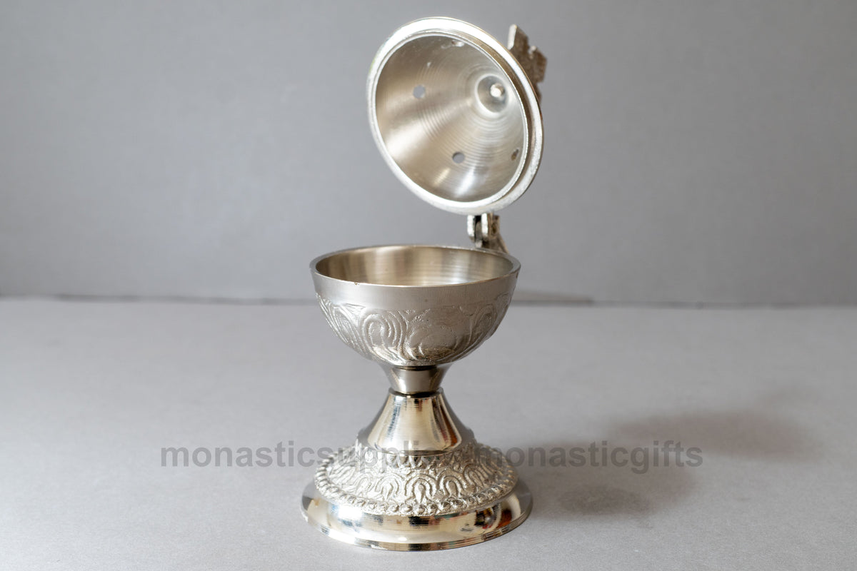 Standing solid brass incense burner censer nickel plated silver tone with Orthodox cross 14cm 5.5 inch