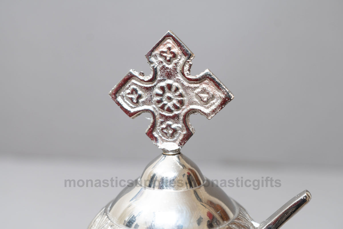 Standing solid brass incense burner censer nickel plated silver tone with Orthodox cross 14cm 5.5 inch