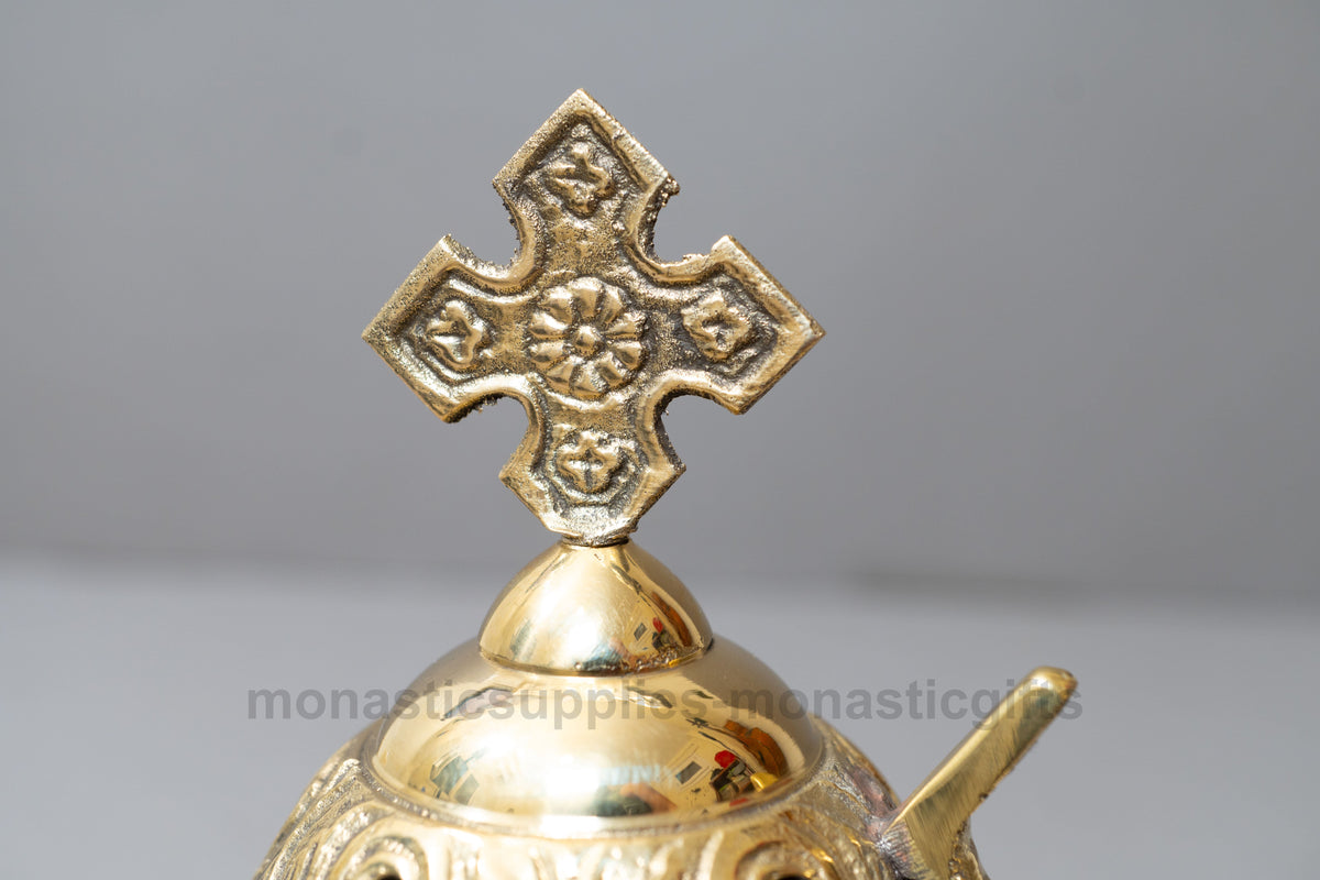 Standing solid brass incense burner censer golden brass finish with Orthodox cross 14cm 5.5 inch