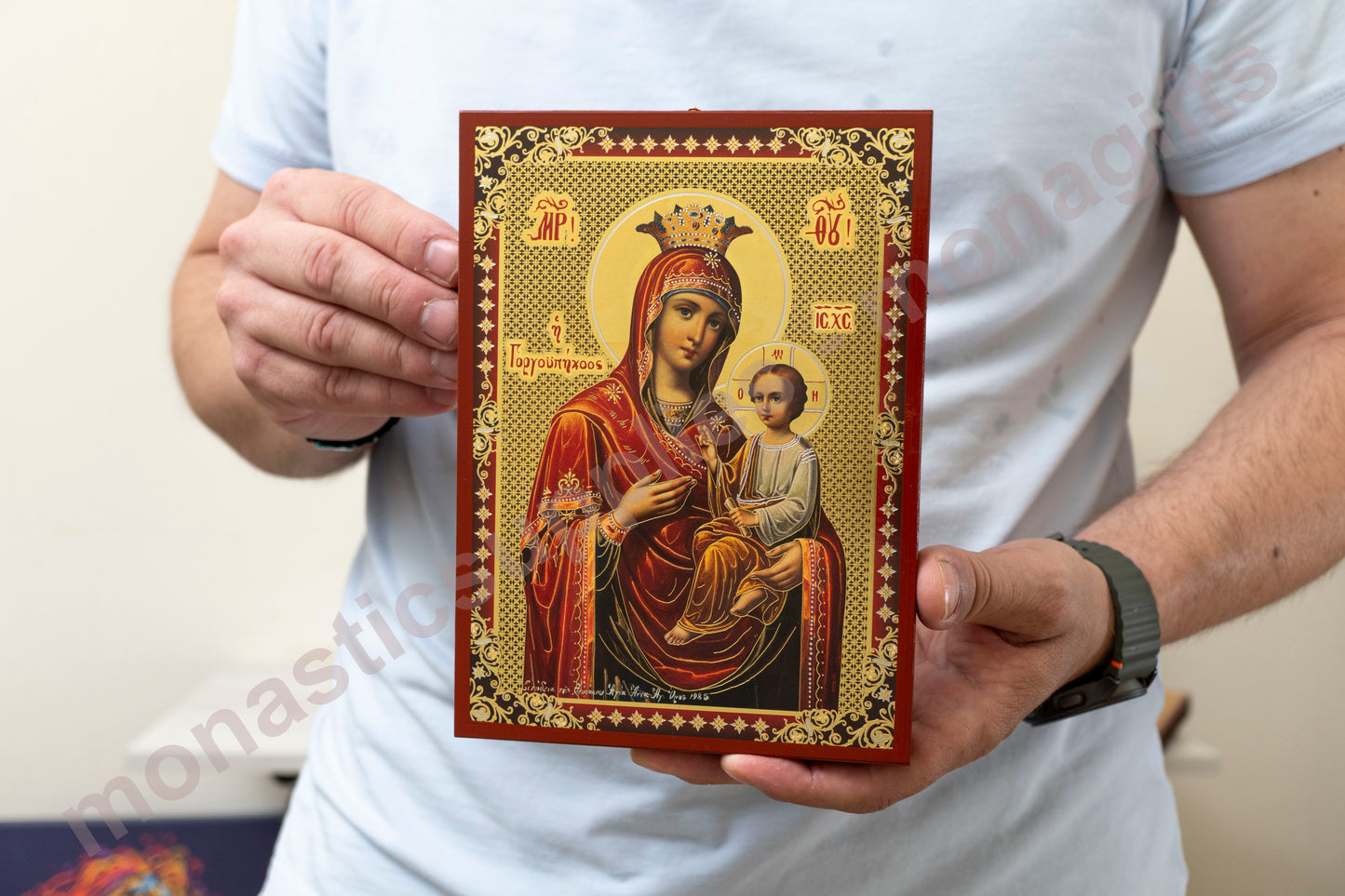 Virgin Mary Panagia Gorgoepikoos Byzantine icon Handmade Gold & Silver Embellish