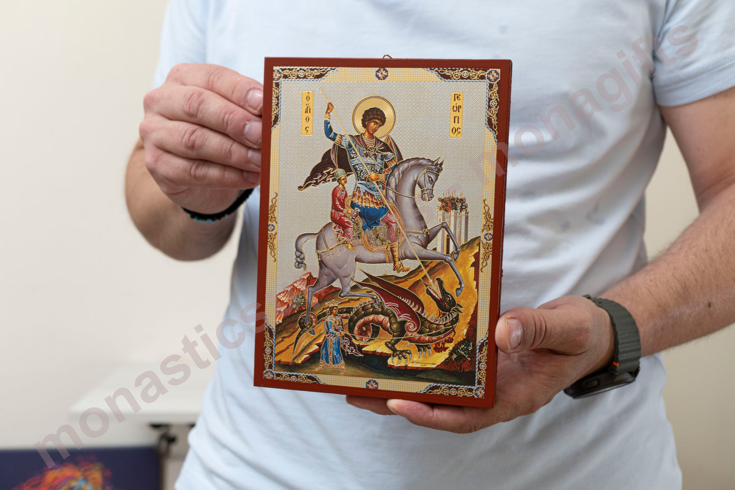 Saint George  Byzantine wooden  icon Handmade Gold & Silver Embellish