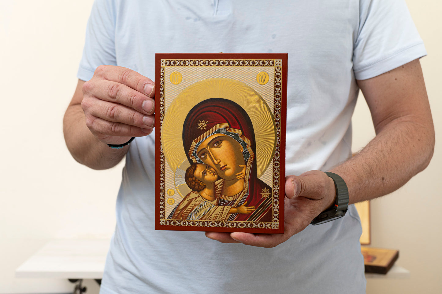 Virgin Mary Sweet Kissing Handcrafted Icon with Traditional Gold & Silver Engravings