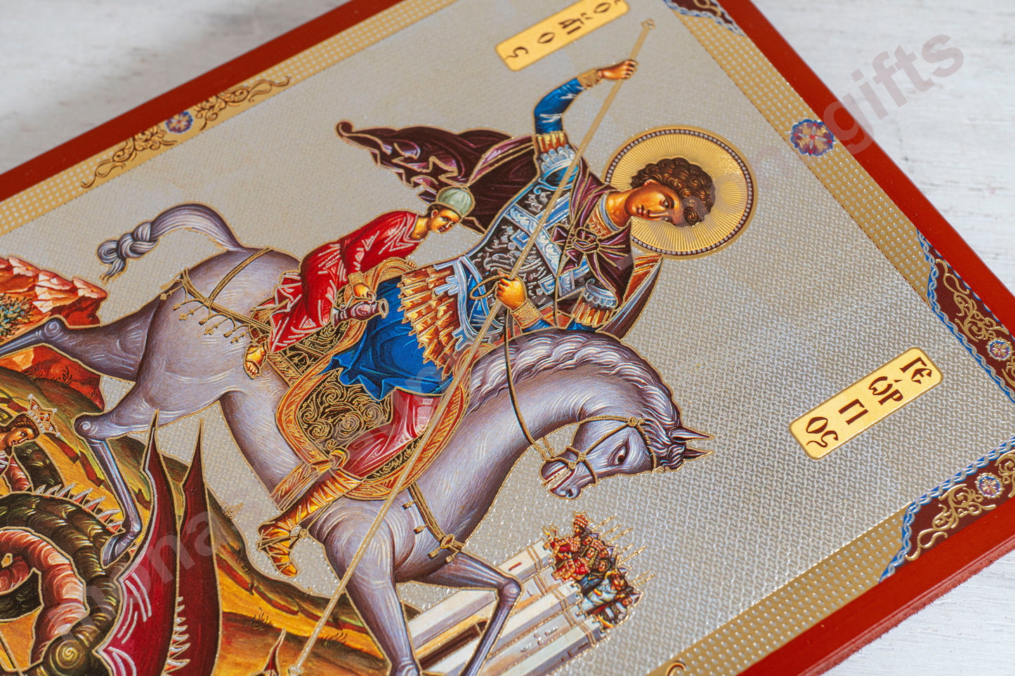 Saint George  Byzantine wooden  icon Handmade Gold & Silver Embellish