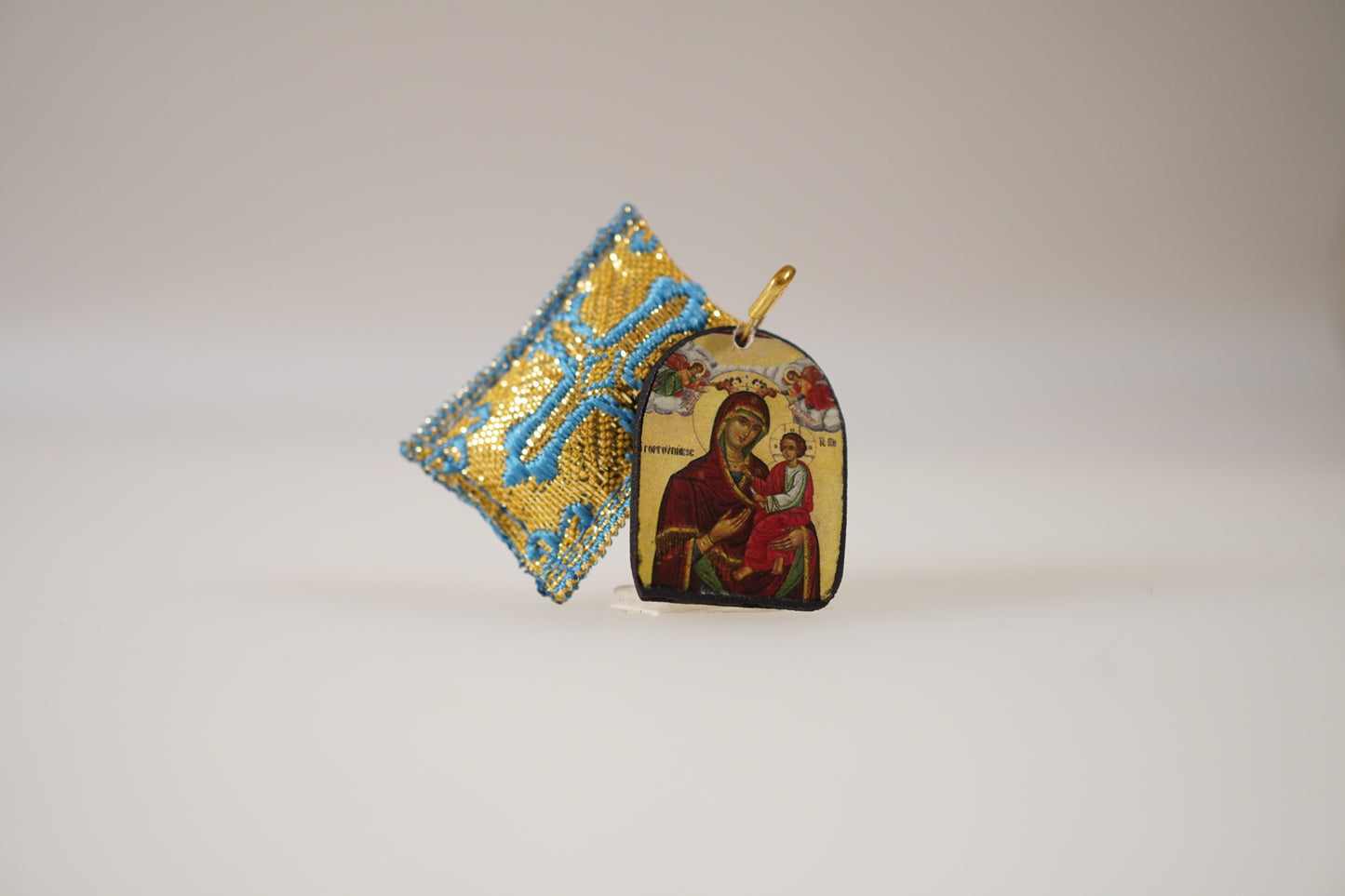 Handcrafted Fabric Orthodox Filakto Amulet Pendant with Icon of Mother of God Panagia from Tinos Island