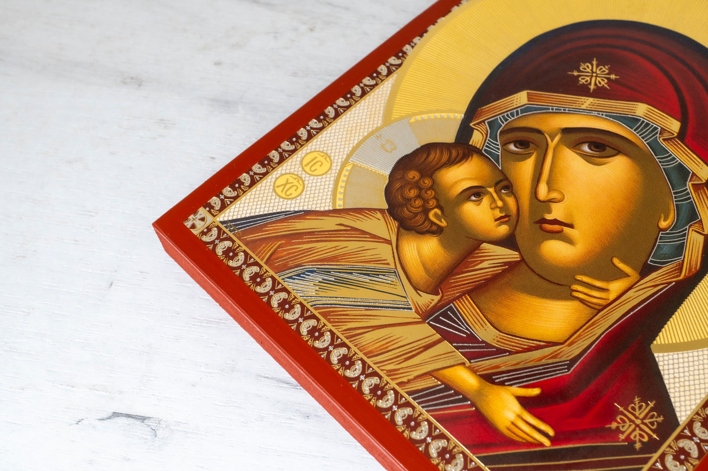 Virgin Mary Sweet Kissing Handcrafted Icon with Traditional Gold & Silver Engravings