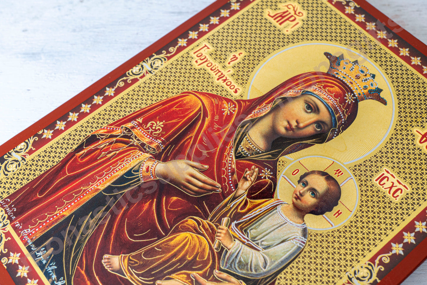 Virgin Mary Panagia Gorgoepikoos Byzantine icon Handmade Gold & Silver Embellish