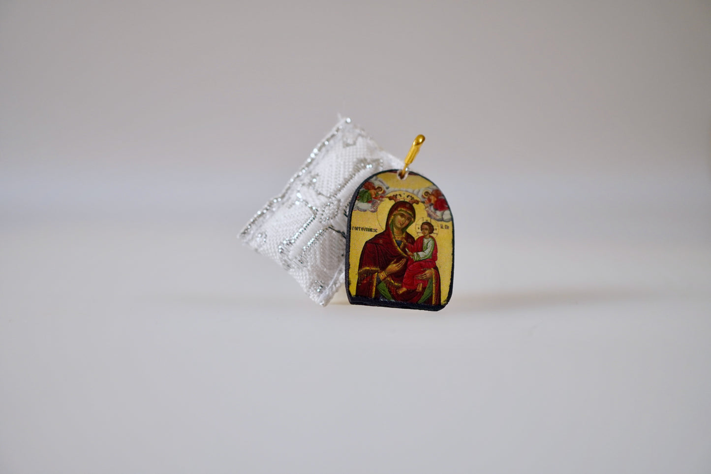 Handcrafted Fabric Orthodox Filakto Amulet Pendant with Icon of Mother of God Panagia from Tinos Island