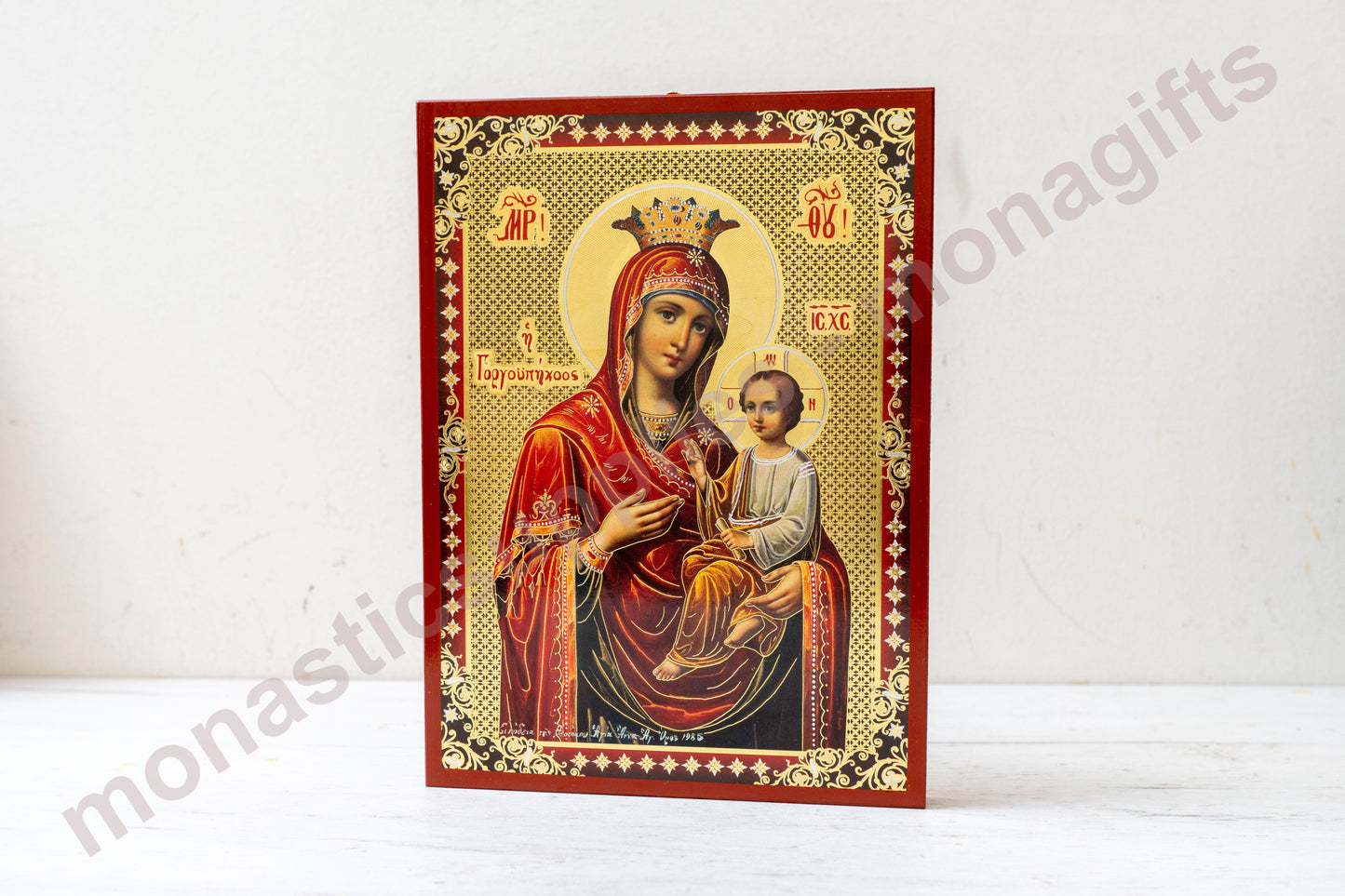 Virgin Mary Panagia Gorgoepikoos Byzantine icon Handmade Gold & Silver Embellish