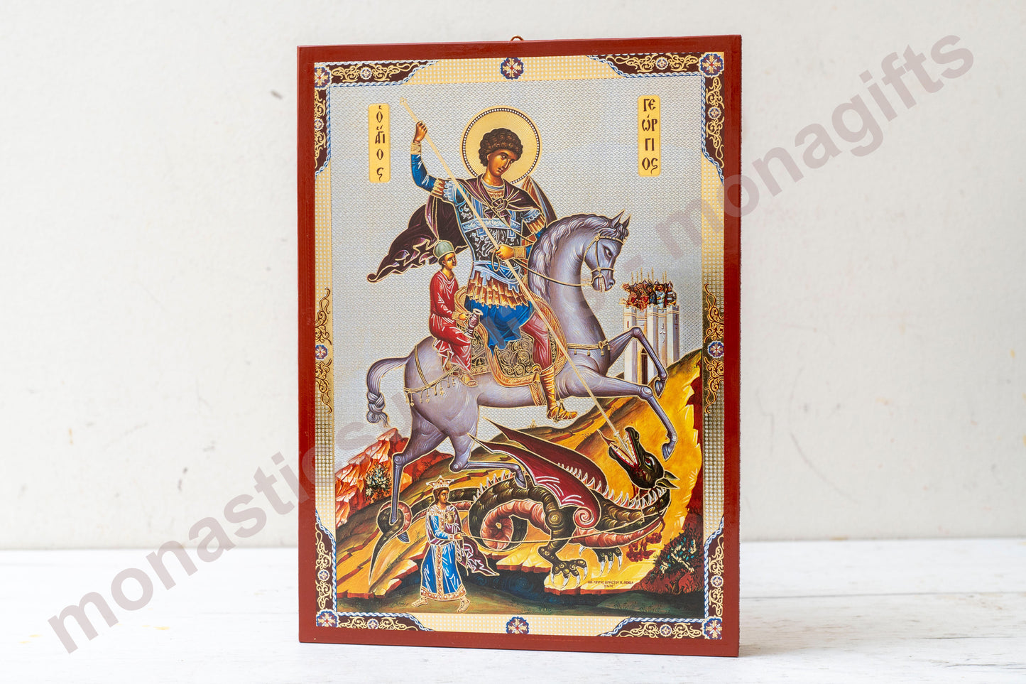 Saint George  Byzantine wooden  icon Handmade Gold & Silver Embellish