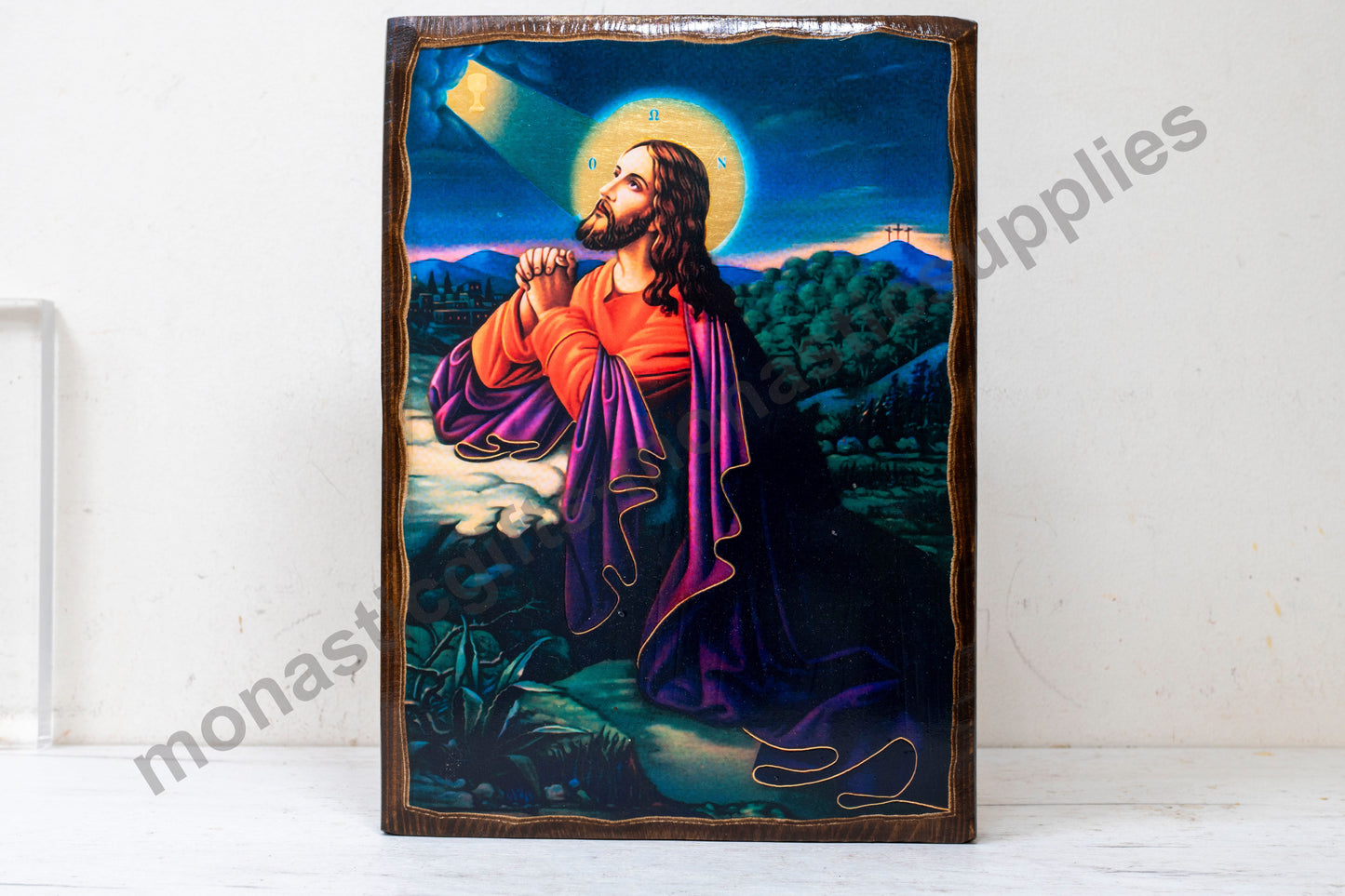 Christ in Prayer – Handmade Icon on Hand-Carved Natural Wood and Gold Silk Canva