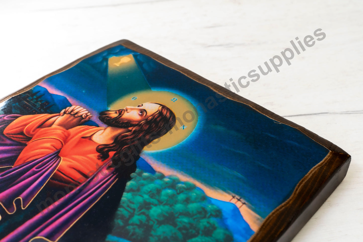 Christ in Prayer – Handmade Icon on Hand-Carved Natural Wood and Gold Silk Canva