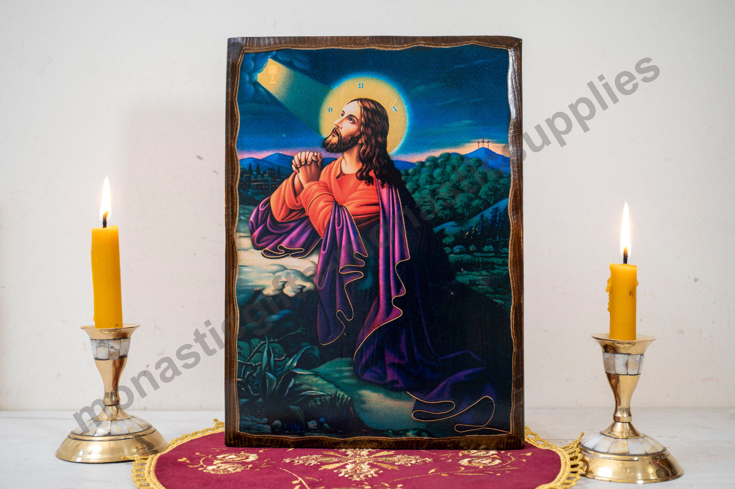 Christ in Prayer – Handmade Icon on Hand-Carved Natural Wood and Gold Silk Canva