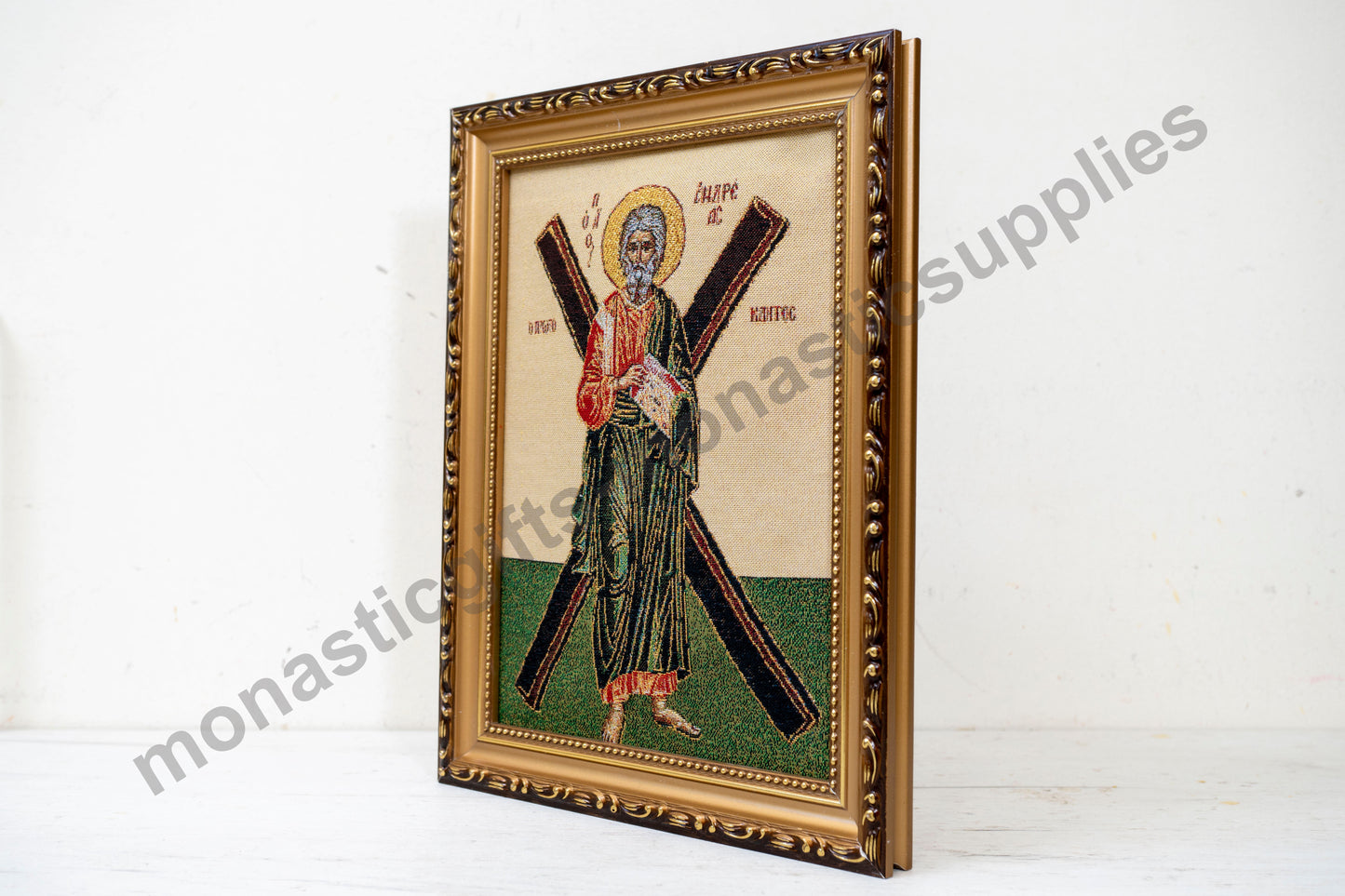 Handmade Christian Embroidered Icon of Saint Andrew in a Frame –Religious Art