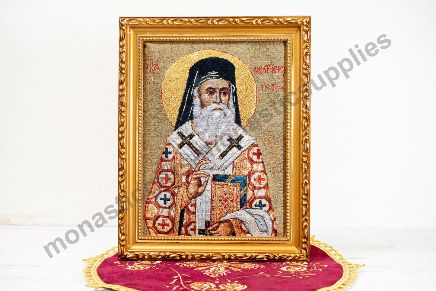 Handmade Christian Embroidered Icon of Saint Nektarios in a Frame –Religious Art