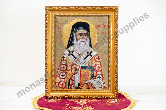 Handmade Christian Embroidered Icon of Saint Nektarios in a Frame –Religious Art