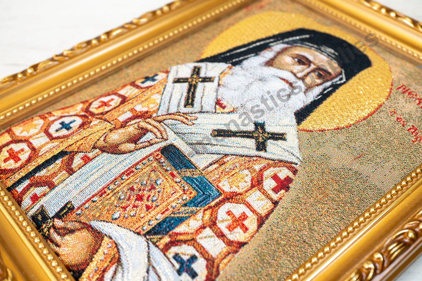 Handmade Christian Embroidered Icon of Saint Nektarios in a Frame –Religious Art