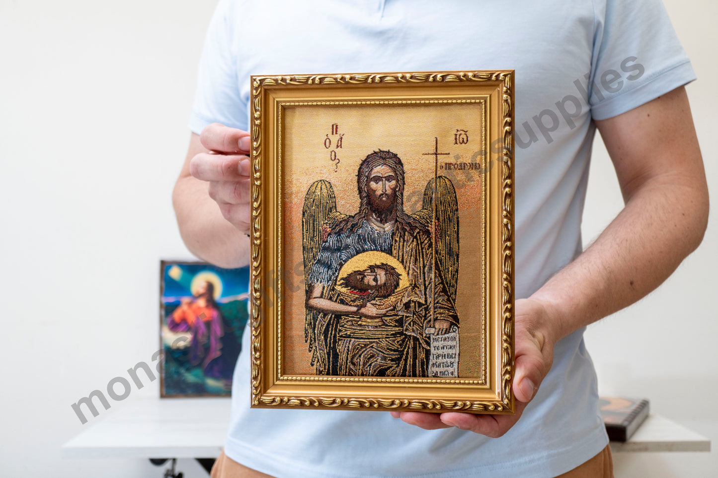 Handmade Christian Embroidered Icon of Saint John the Forerunner – Religious Art