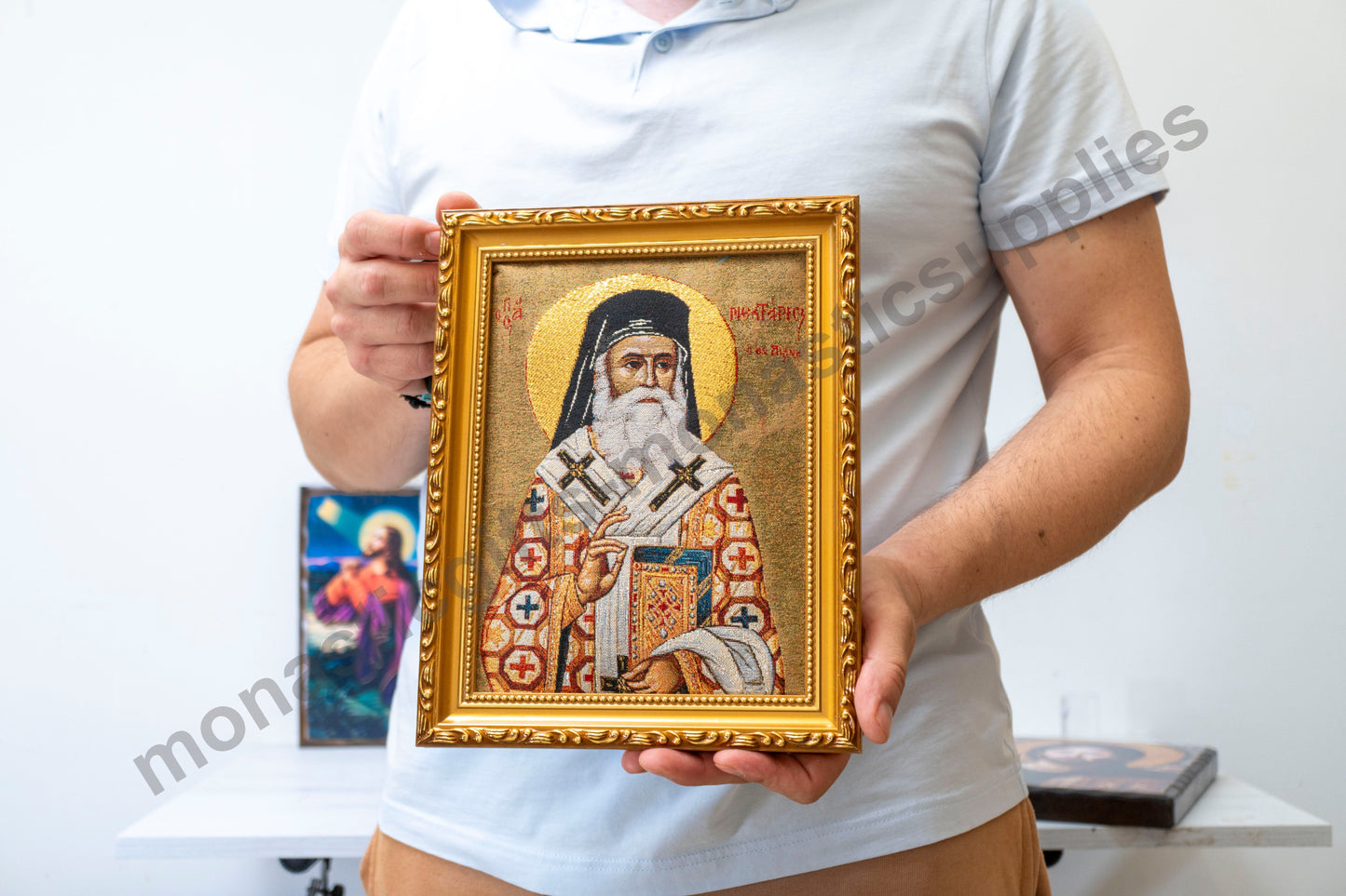 Saint Nektarios in a Frame  Handmade Christian Embroidered Icon Religious Art