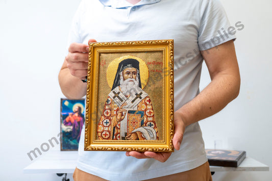 Saint Nektarios in a Frame  Handmade Christian Embroidered Icon Religious Art