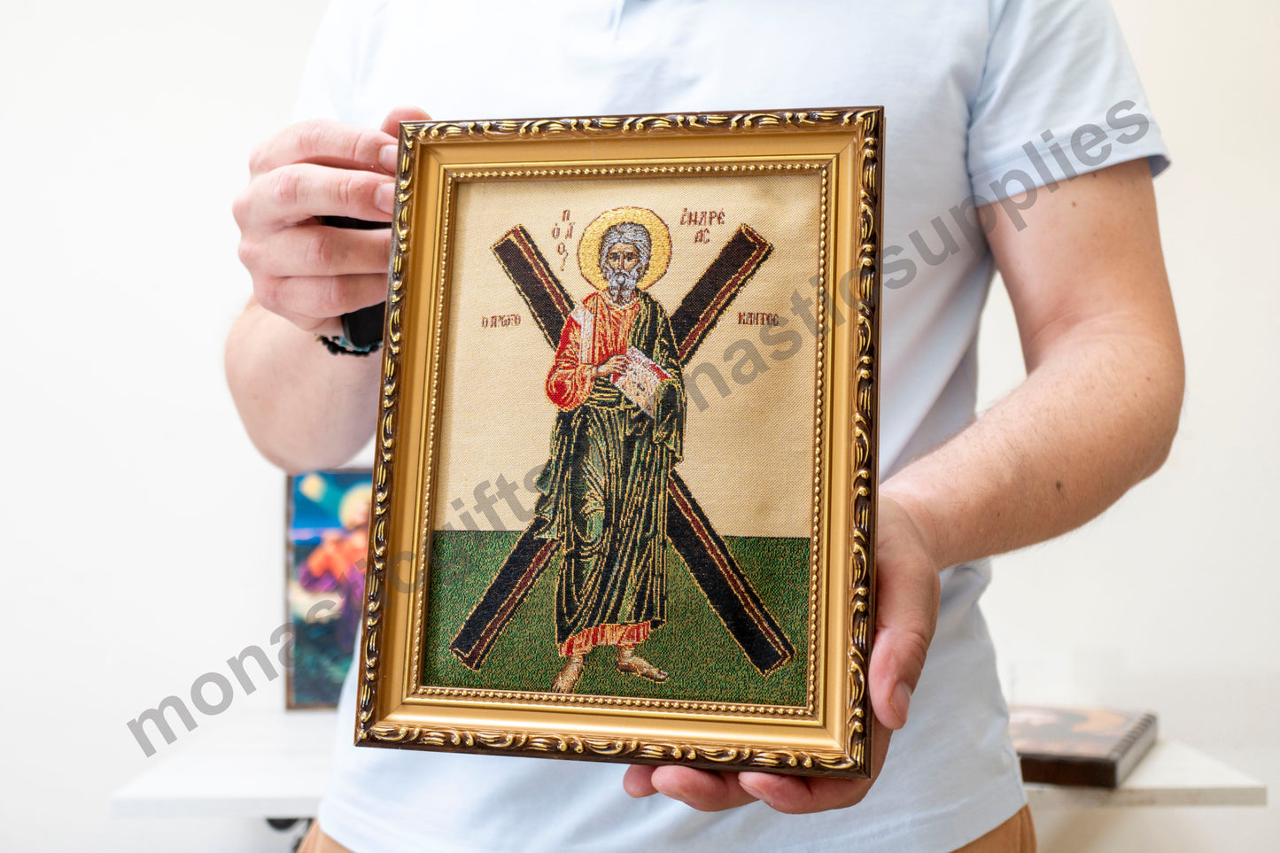 Handmade Christian Embroidered Icon of Saint Andrew in a Frame –Religious Art