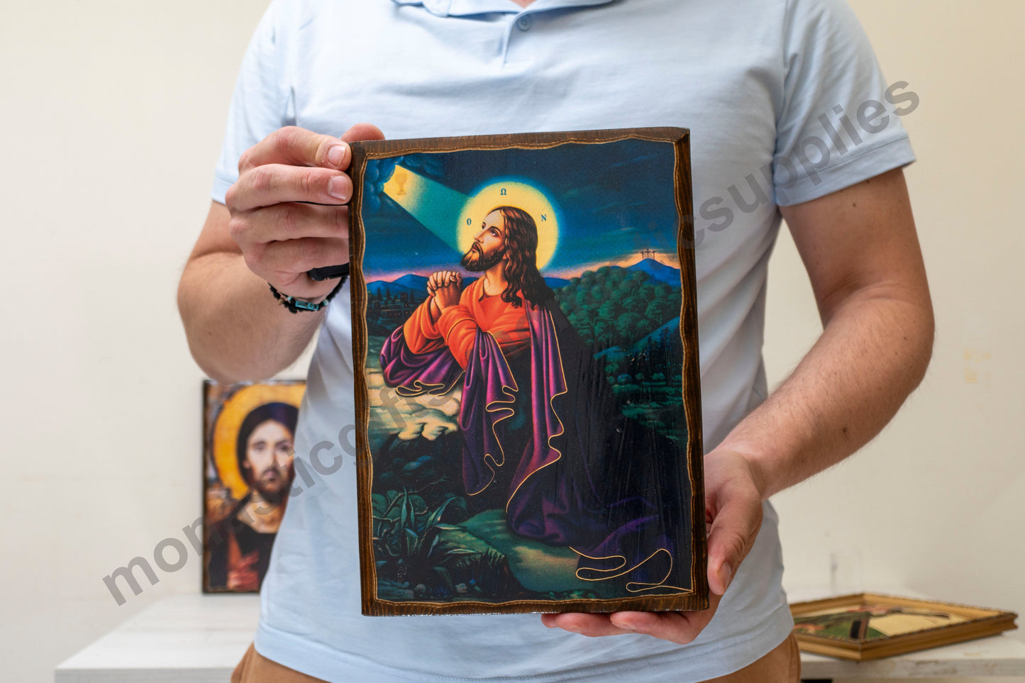 Christ in Prayer – Handmade Icon on Hand-Carved Natural Wood and Gold Silk Canva