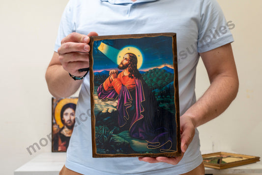 Christ in Prayer – Handmade Icon on Hand-Carved Natural Wood and Gold Silk Canva