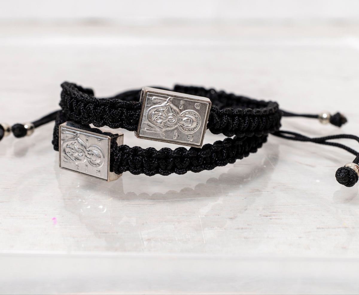 Monastic Style Prayer Rope Bracelet with Silver-Tone Panagia Icon Plaque in Black - Adjustable - 1 Piece