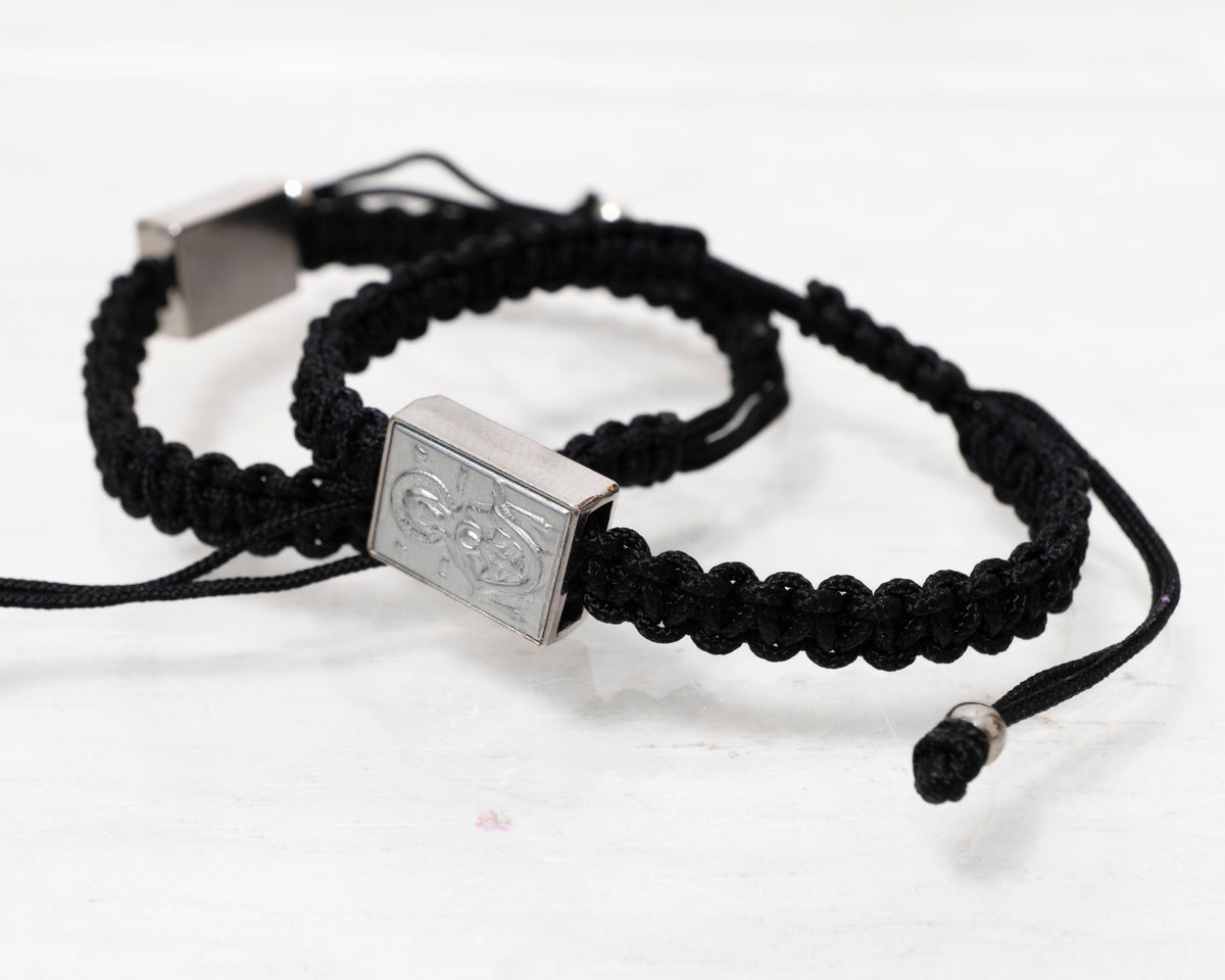 Monastic style prayer rope bracelet 1 piece with silver-tone Panagia Theotokos icon plaque in black woven cord adjustable made in Greece