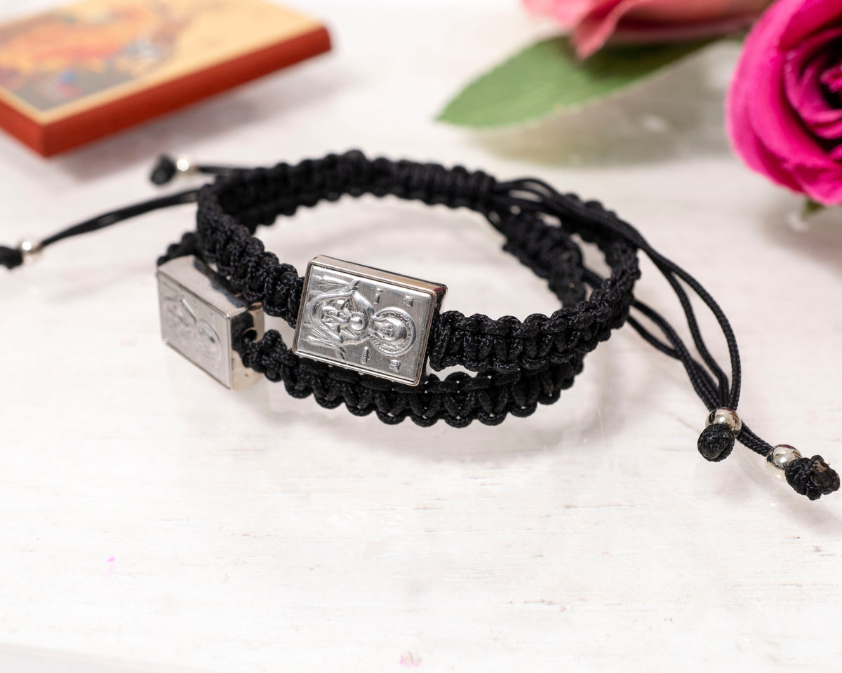 Monastic style prayer rope bracelet 1 piece with silver-tone Panagia Theotokos icon plaque in black woven cord adjustable made in Greece