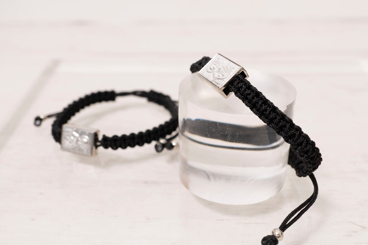 Monastic Style Prayer Rope Bracelet with Silver-Tone Panagia Icon Plaque in Black - Adjustable - 1 Piece