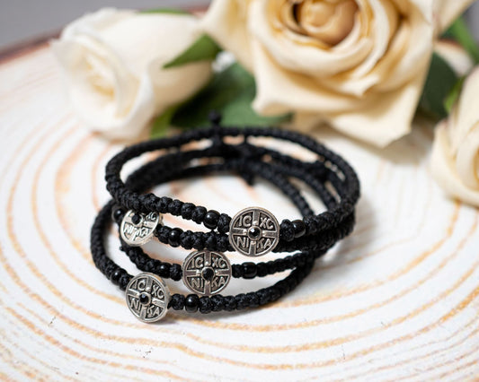 Prayer rope komboskini bracelet 1 piece with IC XC NIKA metal charm waxed cord black orthodox made in Greece