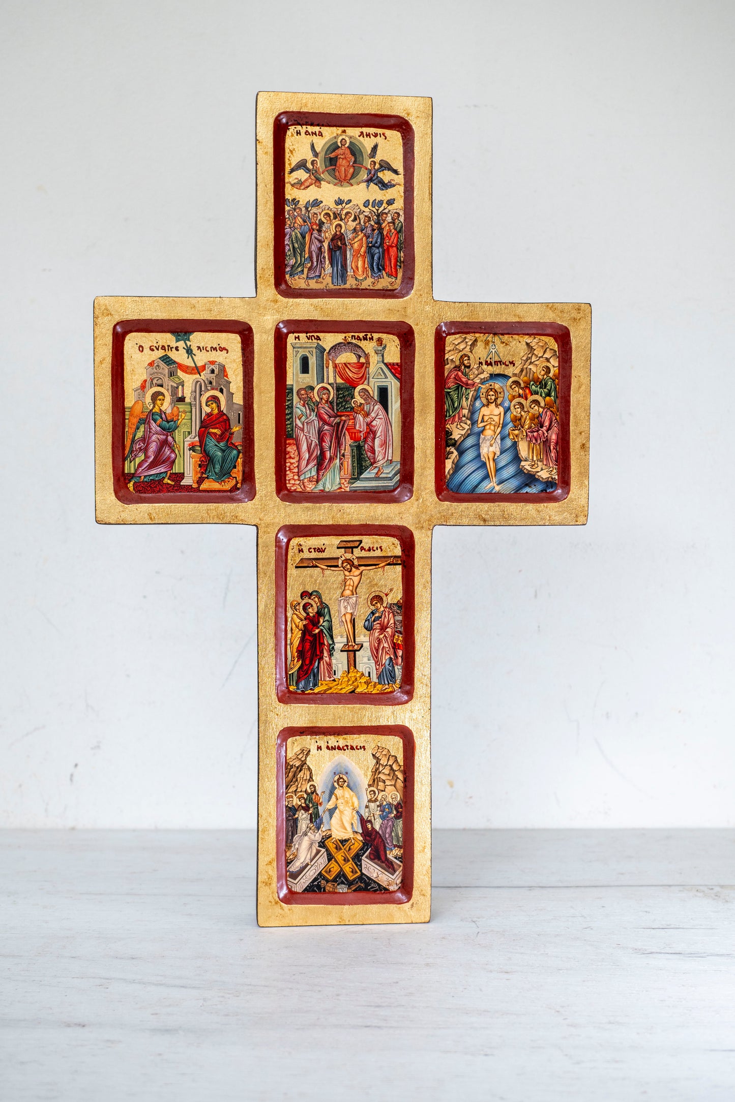 Handmade Byzantine Cross Icon – The Life of Jesus – Gold Leaf – 22x36 cm