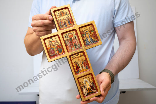 Handmade Byzantine Cross Icon – The Life of Jesus – Gold Leaf – 22x36 cm