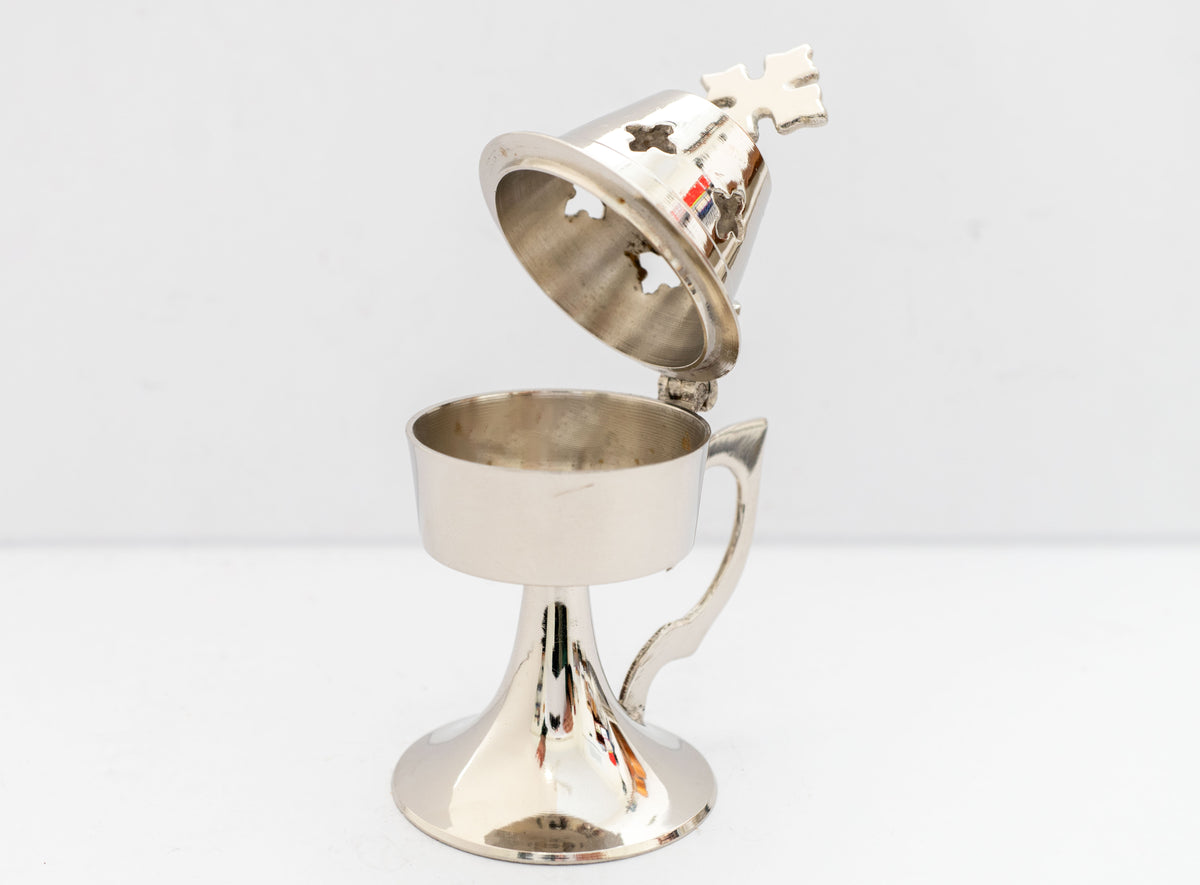 Small nickel plated brass censer handmade orthodox burner with handle and cross lid 11cm 4.33 inches