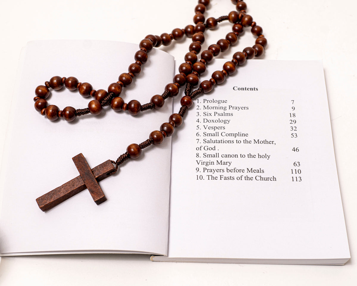 Authentic Orthodox pocket prayer book in English from Mount Athos Nea Skiti, durable hardcover, 3.94 x 5.51" (10 x 14 cm) for travel and daily devotion.