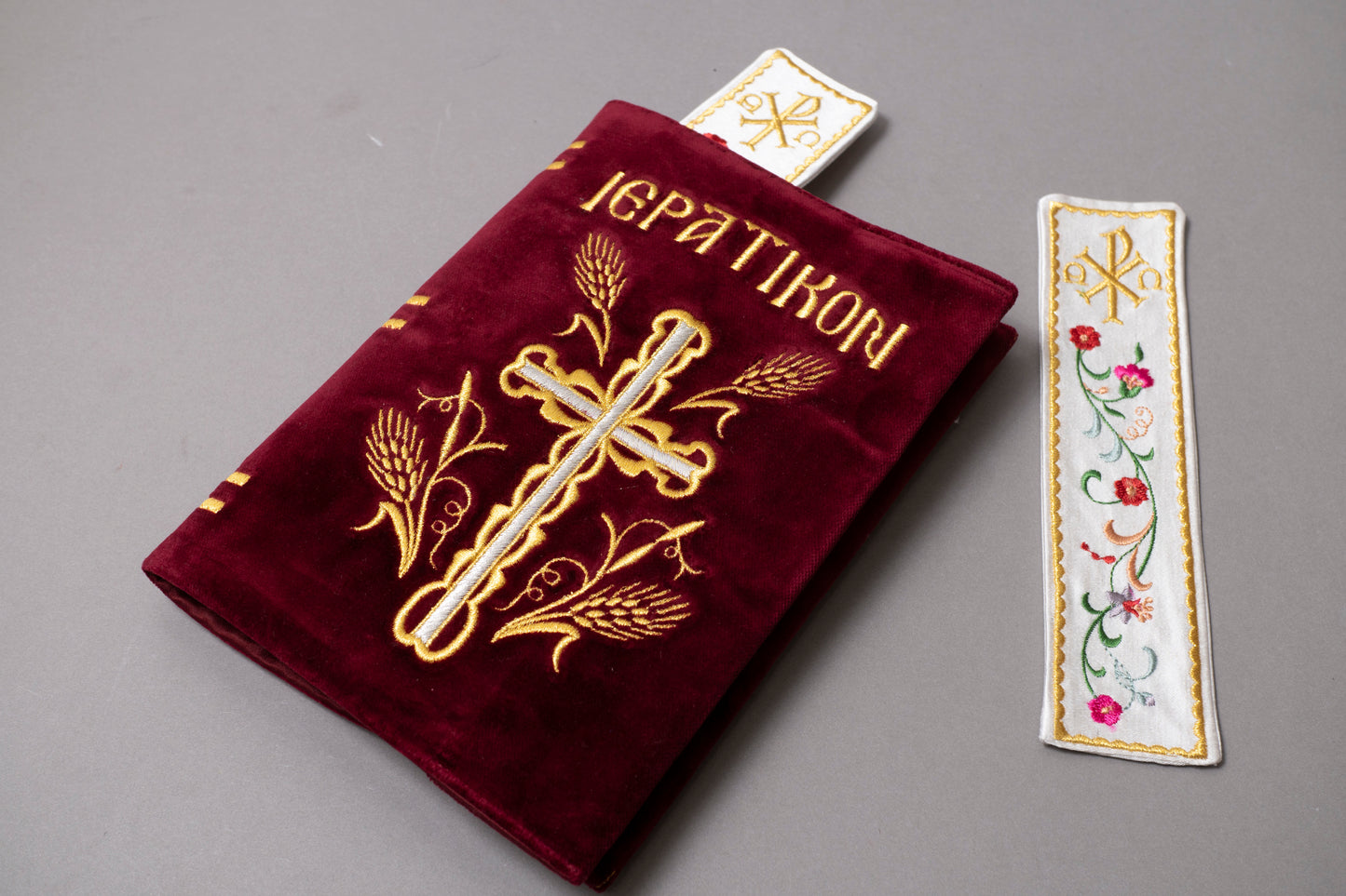 Handcrafted Orthodox liturgical Ieratikon book set with gold embroidered burgundy velvet cover and embroidered bookmark made in Greece